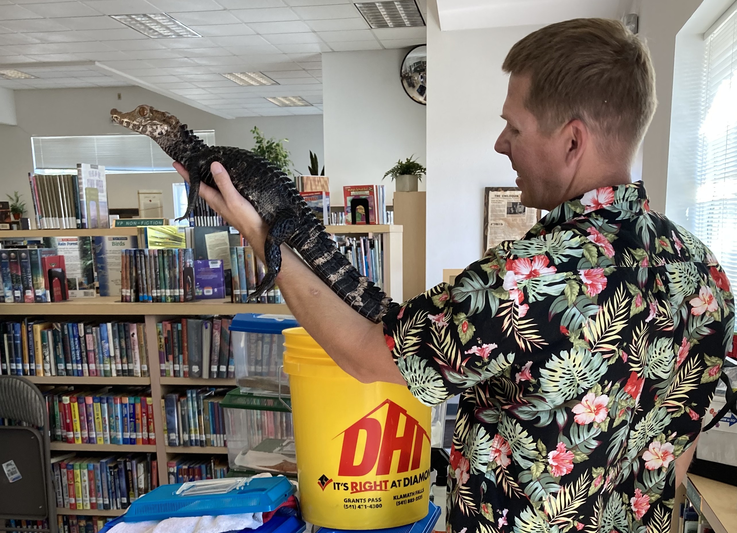 Presenter James McNamara holds a small alligator