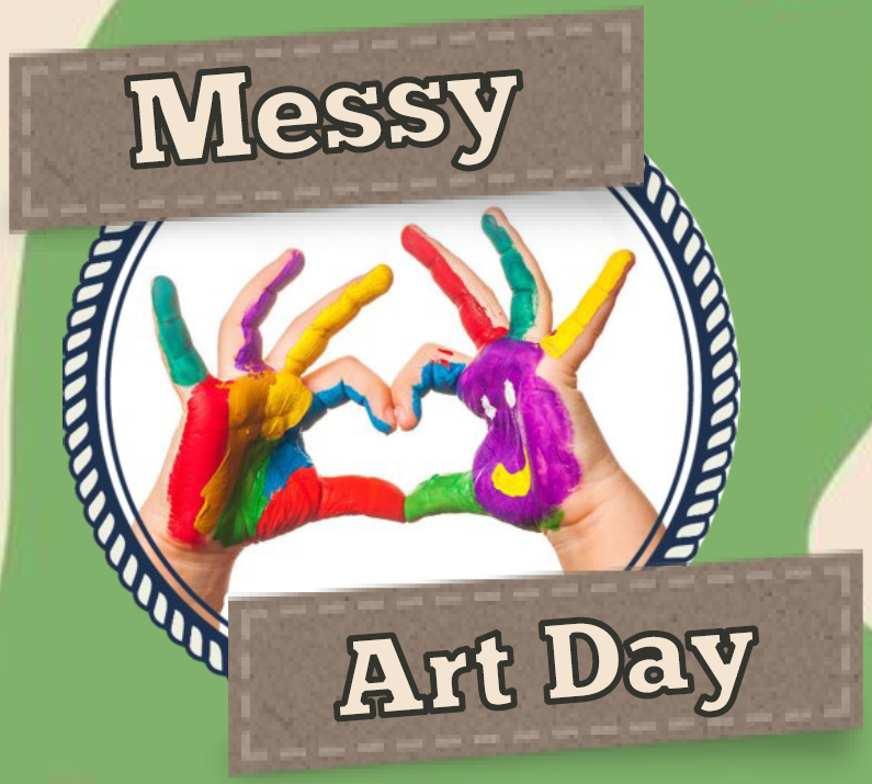 Text "Messy Art Day" with two painted hands