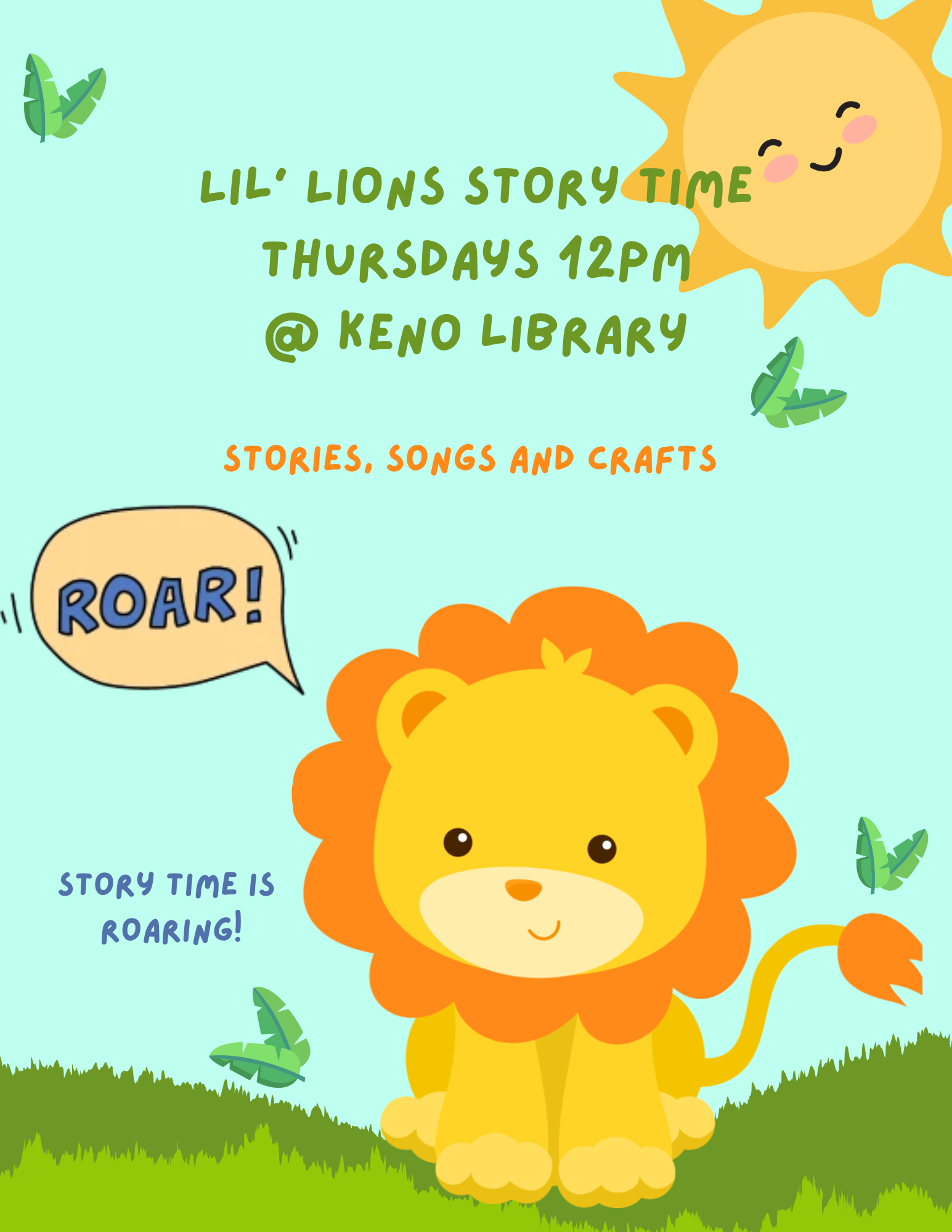 Cartoon lion roaring on a grassy field beneath a smiling sun.
