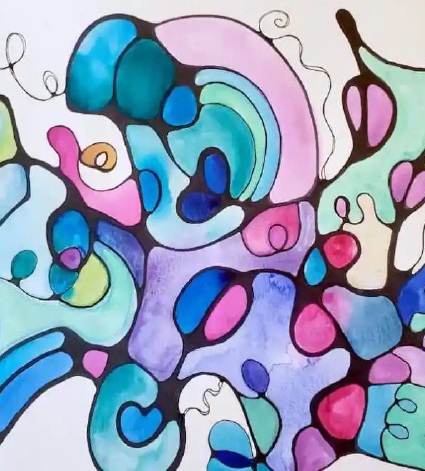 a colorful abstract drawing with curves and oval shapes