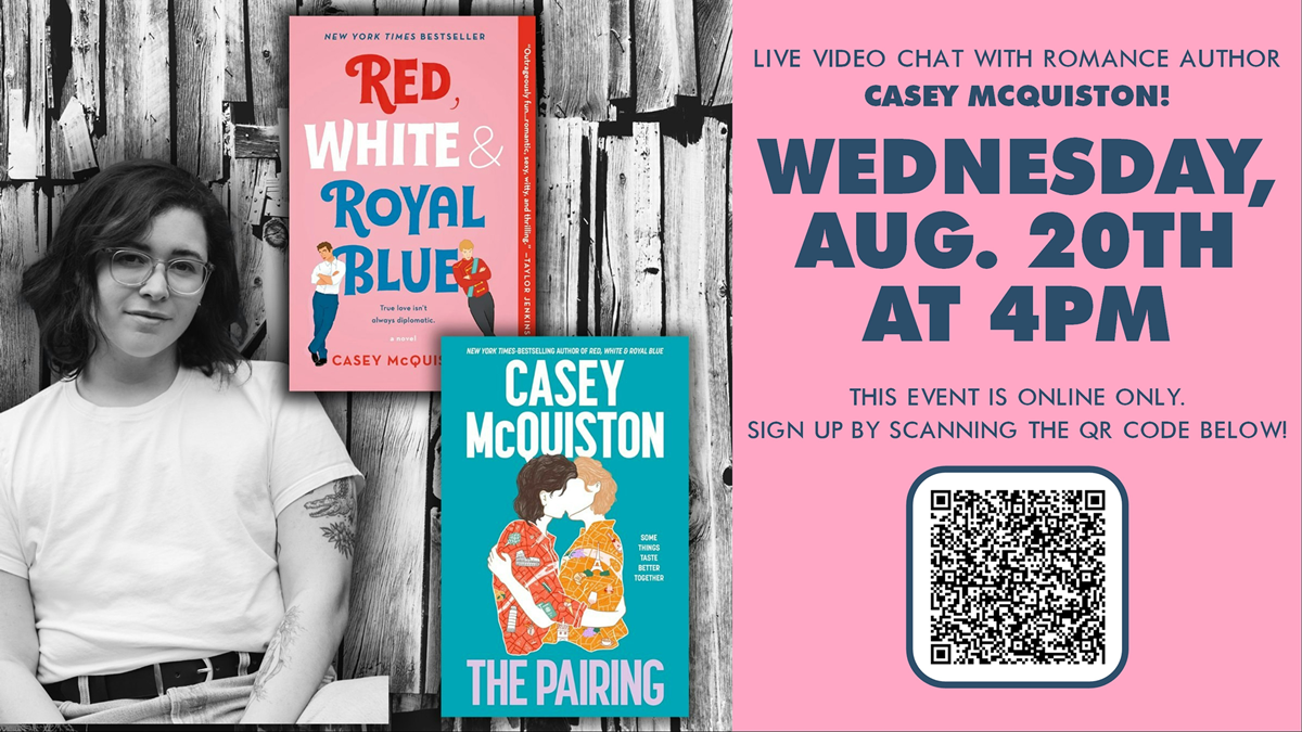 A black and white photo of Casey McQuiston, a non-binary white person with dark hair and glasses, posing next to covers of their books "Red White and Royal Blue" and "The Pairing."