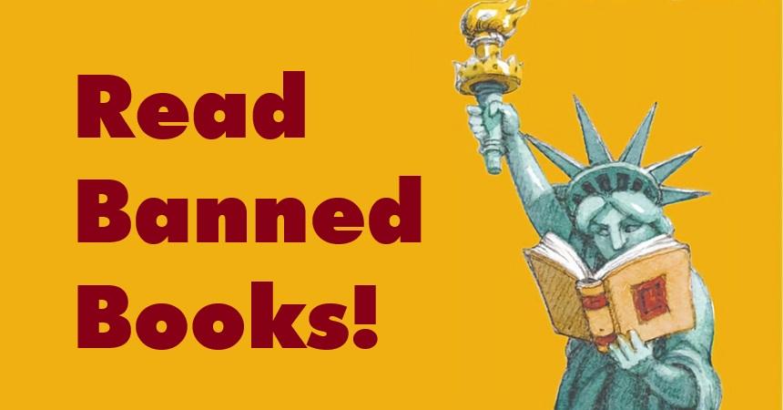 An illustration of the Statue of Liberty reading a book, captioned "Read Banned Books!"