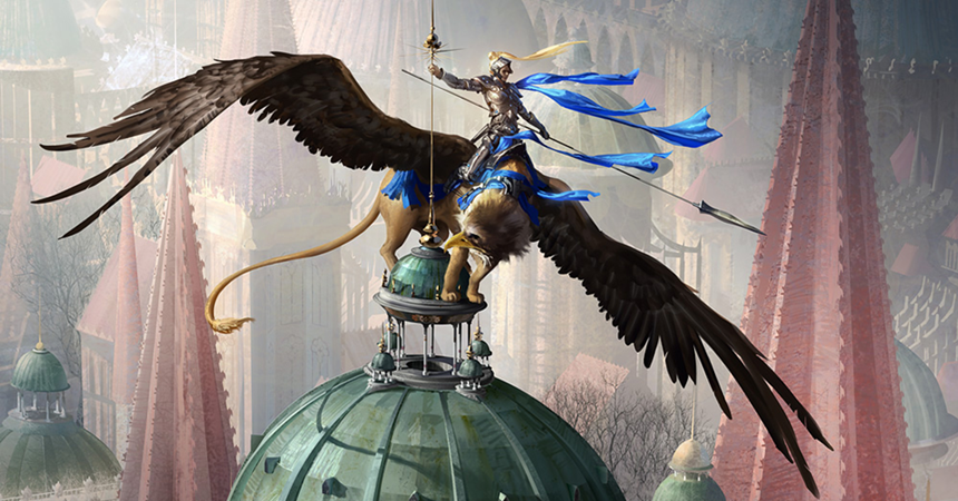 An armored figure riding a gryphon perches on a fantasy rooftop.