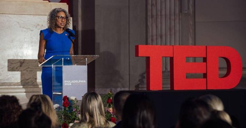 Angela Val, the first Black CEO of Visit Philadelphia, speaks at the opening ceremonies for TED Democracy Philadelphia.