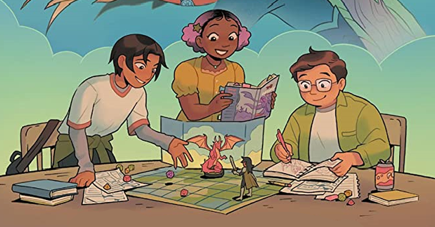 A cropped image of the cover of Dungeons &amp; Dragons: Dungeon Club: Roll Call by Molly Knox Ostertag and Xanthe Bouma. Three young people surround a table, playing Dungeons and Dragons. There is a gridded map with miniatures, dice to roll, and loose character sheets. A Black girl with pink hair holds the game manual behind the Dungeonmaster's screen.