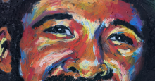 An oil painting of San Diego Padres shortshop Ozzie Smith by Nick Hall, cropped to focus on Smith's smiling eyes and the colorful range of hues in his skin.