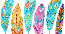 Six feather-shaped bookmarks, covered in "Rhinestone" style gem stickers.