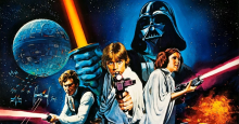 Han Solo, Luke Skywalker, Princess Leia and Darth Vader brandish their weapons on the poster for Star Wars (1977)