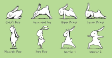 The cartoon rabbit protagonist of "Yoga Bunny" by Brian Russo, demonstrating 8 different yoga poses.