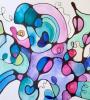 a colorful abstract drawing with curves and oval shapes