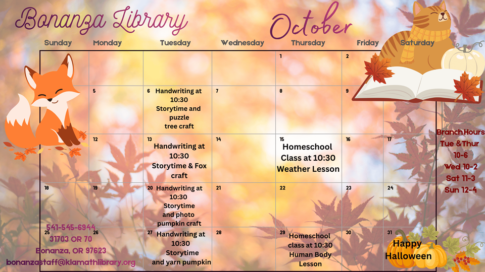 October event calendar with pumpkins, a fox, a cat with a book, and fall leaves