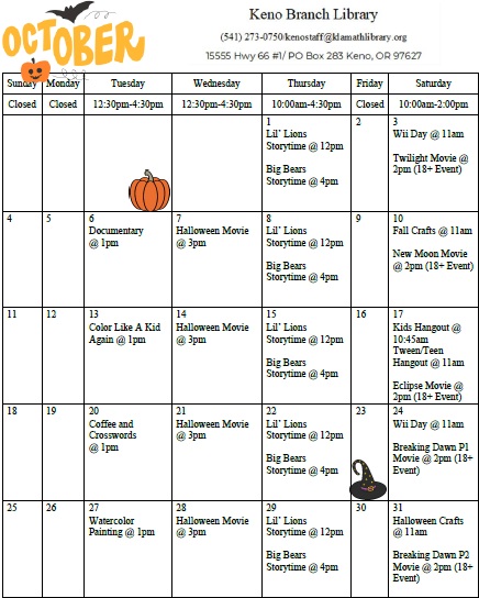 Printable calendar of October events