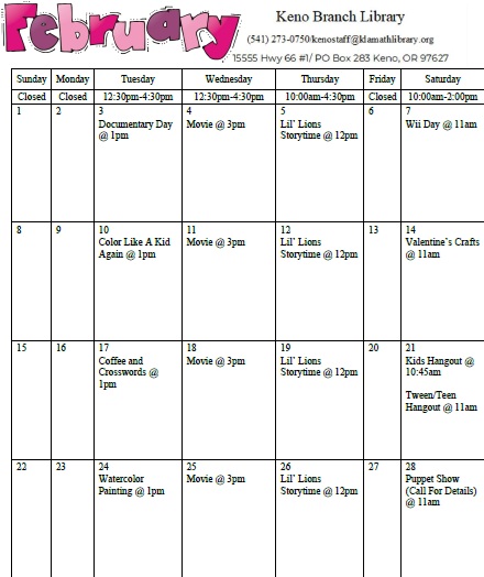 February Calendar of events