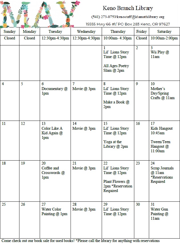 May Calendar of Keno Library Events