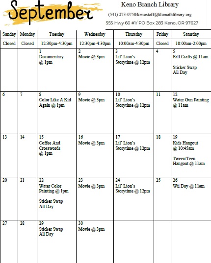 Printable Calendar of Events