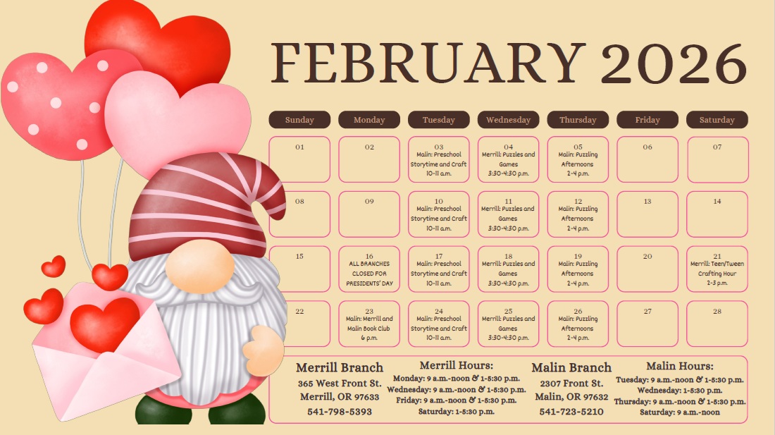 February 2026 calendar with a gnome holding a valentine and heart balloons
