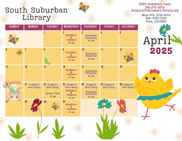 April 2025 calendar with a chick, bunny, caterpillar, butterflies, and flowers.