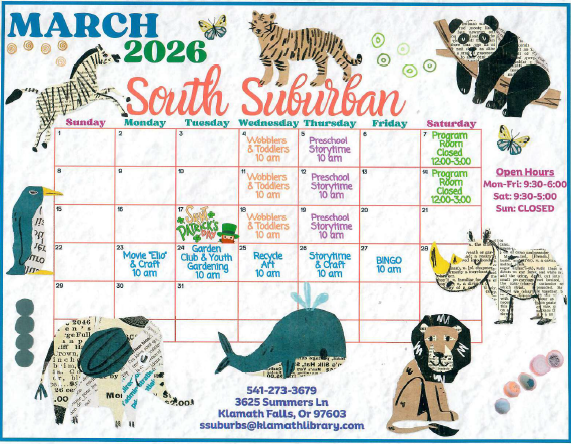 March 2026 calendar with cut-out paper animal shapes